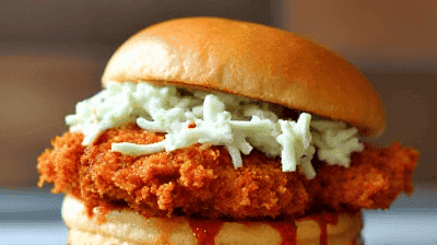 Spicy Nashville Hot Chicken Sandwich Crispy Fiery  Topped with Cool Ranch Slaw