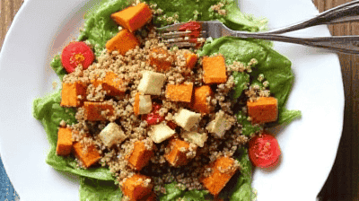 Warm Roasted Sweet Potato  Quinoa Salad with MapleTahini Dressing