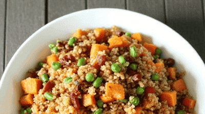 Warm Roasted Sweet Potato  Quinoa Salad with MapleTahini Dressing