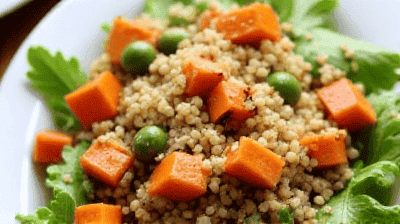 Warm Roasted Sweet Potato  Quinoa Salad with MapleTahini Dressing